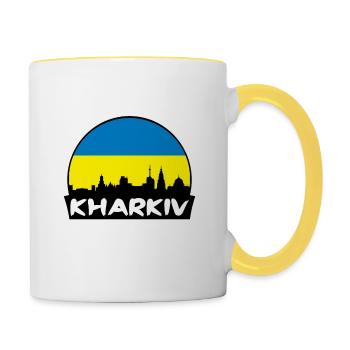 Kharkiv Ukraine Flag Skyline Silhouette Voyage - Mug contrasté - blanc/jaune - Droite