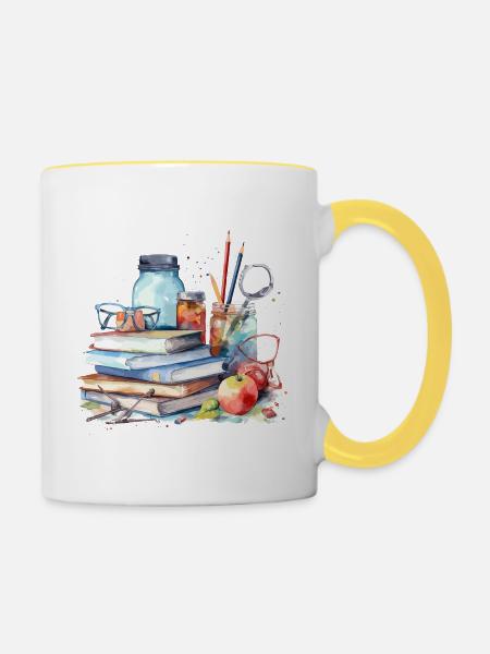 Aquarellbücher Illustration - Tasse zweifarbig - Weiß/Gelb