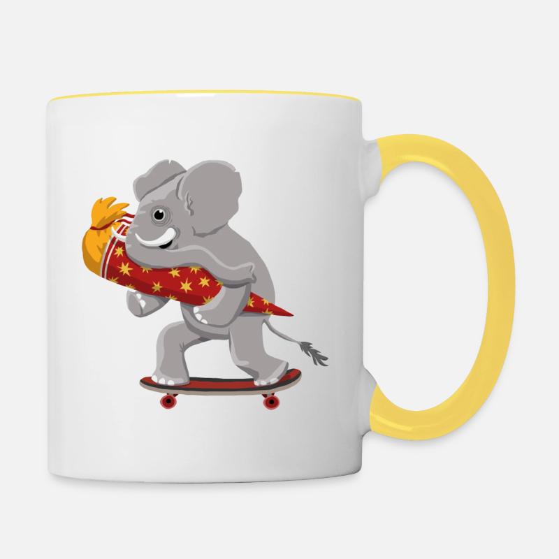 Eléphant avec planche à roulettes et cône d’école - Mug contrasté - blanc/jaune