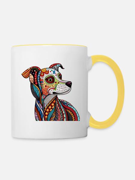 Zentangle-Hund - Tasse zweifarbig - Weiß/Gelb