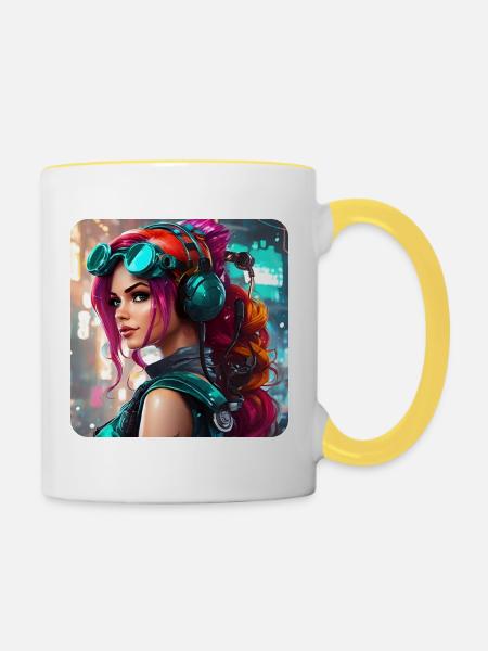 Cooles Cyberpunk Girl mit Kopfhörer - Tasse zweifarbig - Weiß/Gelb