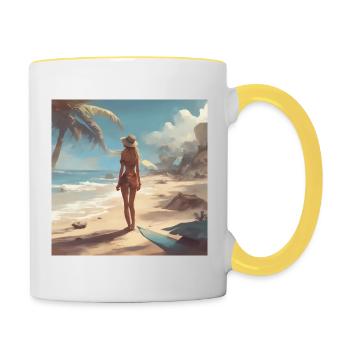 Frau am Strand Vintage - Tasse zweifarbig - Weiß/Gelb - Rechts