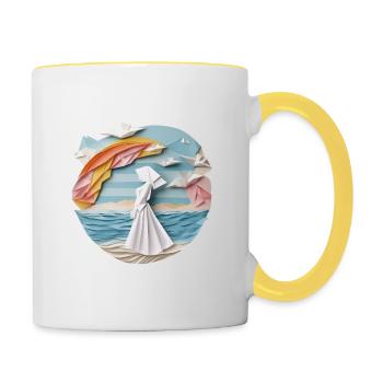 Woman on the beach in origami robe - Contrasting Mug - white/yellow - Right
