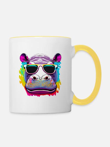 Nilpferd mit Sonnenbrille - Tasse zweifarbig - Weiß/Gelb