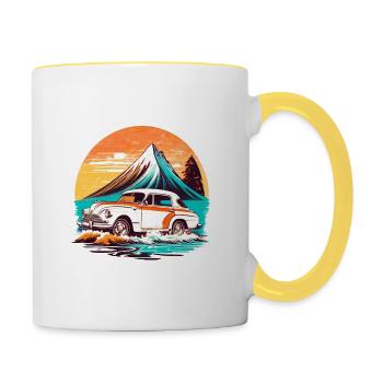 Vintage - Beach View with Old Car - Contrasting Mug - white/yellow - Right
