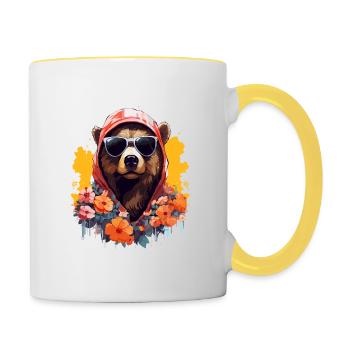 Bear with hoodie and sunglasses with colorful flowers - Contrasting Mug - white/yellow - Right
