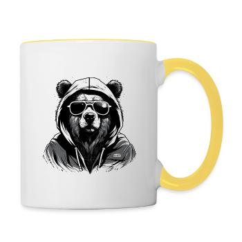 Bear with hoodie and sunglasses black and white - Contrasting Mug - white/yellow - Right