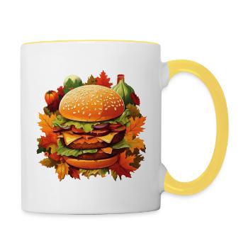 Autumnal indulgence: burgers in colorful foliage - Contrasting Mug - white/yellow - Right