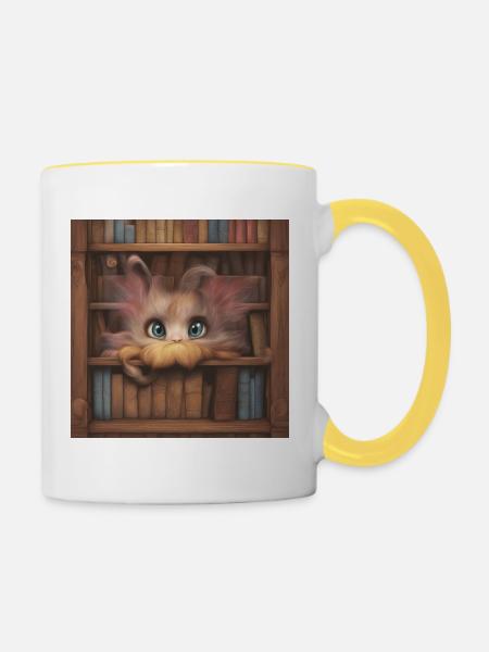 Fabelwesen im Buchregal - Tasse zweifarbig - Weiß/Gelb