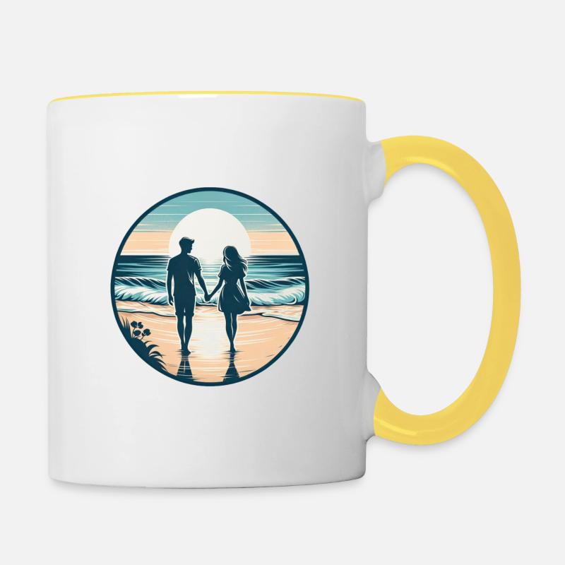 Beachside Bliss : Promenade romantique sur la plage - Mug contrasté - blanc/jaune