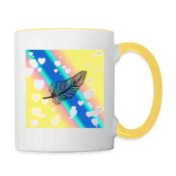 Feder mit Herzen und Regenbogenfarben - Tasse zweifarbig - Weiß/Gelb - Rechts