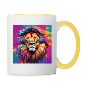 Lion with headphones - Contrasting Mug - white/yellow - Right