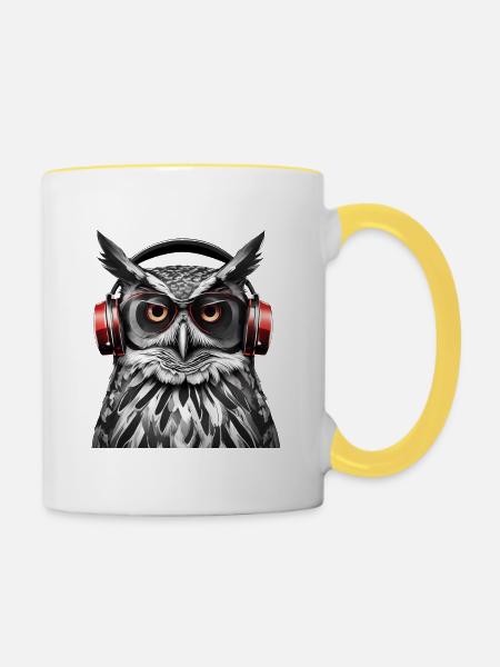Hibou cool avec des écouteurs - Mug contrasté - blanc/jaune