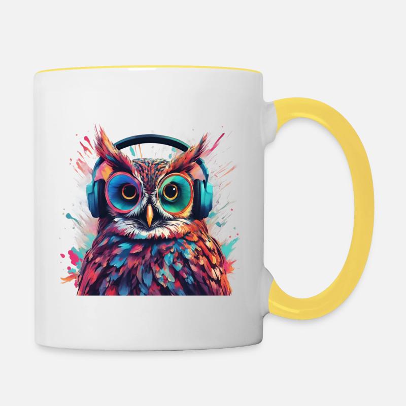 Cool owl with headphones - Contrasting Mug - white/yellow
