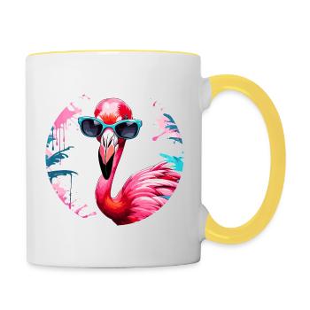 Flamant rose / Animal / Rose / Tropical / Longues pattes - Mug contrasté - blanc/jaune - Droite