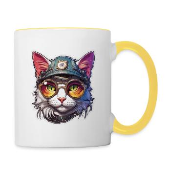 Cool Cat / Funny / Animal / Pet / Crazy - Contrasting Mug - white/yellow - Right