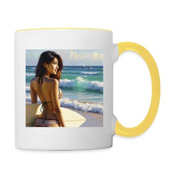 Surferin am Strand - Tasse zweifarbig - Weiß/Gelb - Rechts