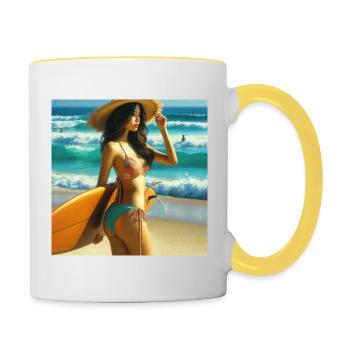 Surferin am Strand - Tasse zweifarbig - Weiß/Gelb - Rechts