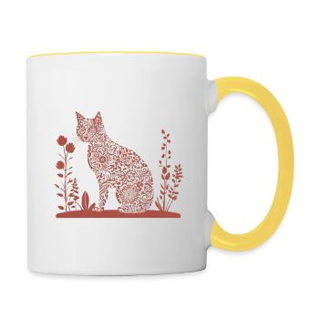 Chat et fleurs - Mug contrasté - blanc/jaune - Droite