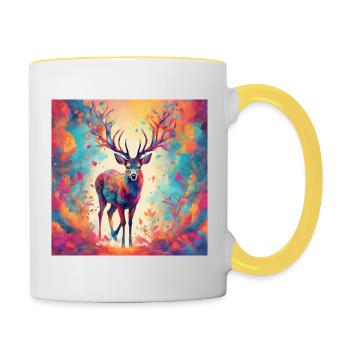 Buntes Hirschportrait - Tasse zweifarbig - Weiß/Gelb - Rechts