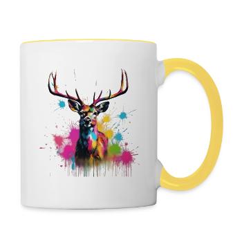 Buntes Hirschportrait - Tasse zweifarbig - Weiß/Gelb - Rechts