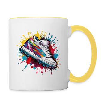 Fußball / spiel / Schuh / Spielfeld / schießen - Tasse zweifarbig - Weiß/Gelb - Rechts