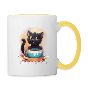 Chat au café - Mug contrasté - blanc/jaune - Droite