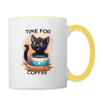 Chat au café - Mug contrasté - blanc/jaune - Droite