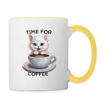 Chat au café - Mug contrasté - blanc/jaune - Droite