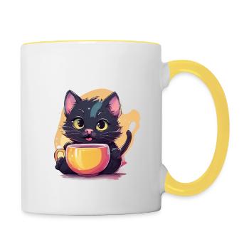 Chat au café - Mug contrasté - blanc/jaune - Droite