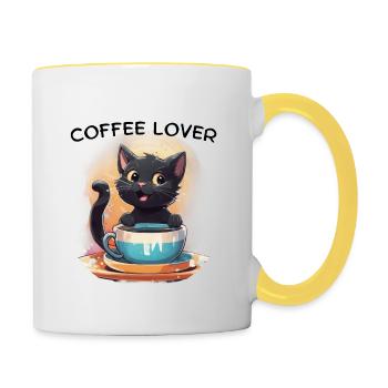 Chat au café - Mug contrasté - blanc/jaune - Droite