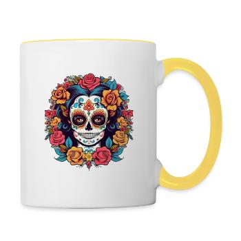 Flower Style Skull | Flowers & Skull | Mexican Art - Contrasting Mug - white/yellow - Right