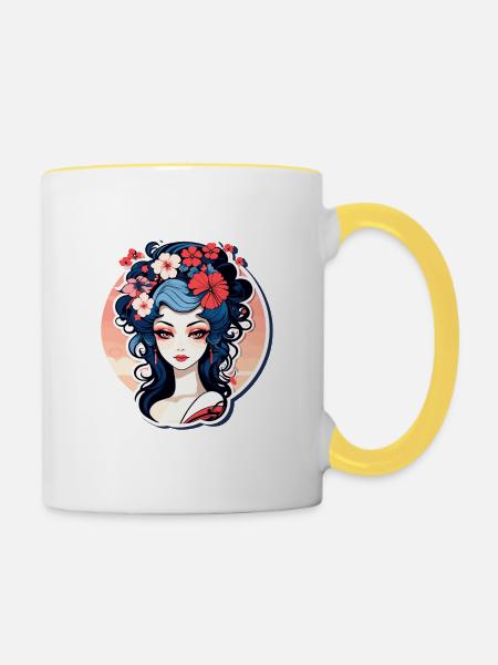 Geisha Illustration - Tasse zweifarbig - Weiß/Gelb