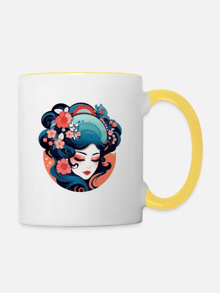 Geisha Illustration - Tasse zweifarbig - Weiß/Gelb