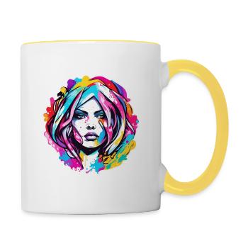 Frau / hübsch / Porträt / buntes Haar / Model - Tasse zweifarbig - Weiß/Gelb - Rechts