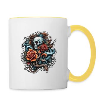 Skull / Totenkopf / Skelett / Gothic / Tattoo - Tasse zweifarbig - Weiß/Gelb - Rechts