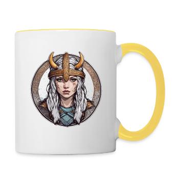 Femme viking / Thor / Odin / Nordique / Celtique - Mug contrasté - blanc/jaune - Droite