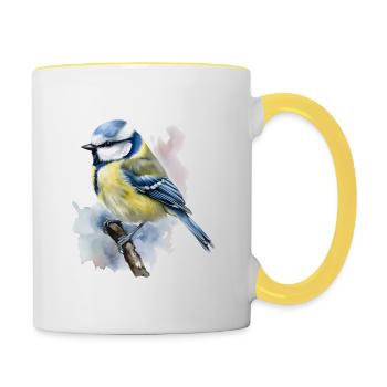 Blue Bird Woodland Animal on Branch in Watercolors - Contrasting Mug - white/yellow - Right