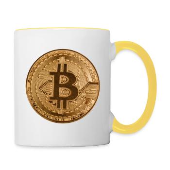 Bouton « BITCOIN » design, logo, autocollant, aimant - Mug contrasté - blanc/jaune - Droite