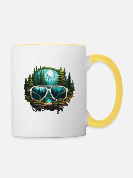 Sonnenbrille / Reflektion / Wald / Spiegelung - Tasse zweifarbig - Weiß/Gelb