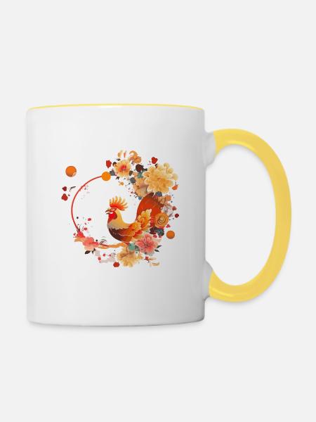 Chinesischer Neujahrshahn - Tasse zweifarbig - Weiß/Gelb
