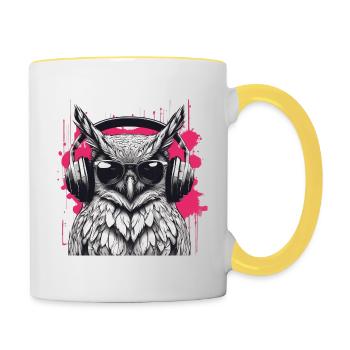 Hibou avec écouteurs - Mug contrasté - blanc/jaune - Droite