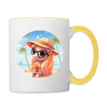 Pony mit Cocktail am Strand - Tasse zweifarbig - Weiß/Gelb - Rechts