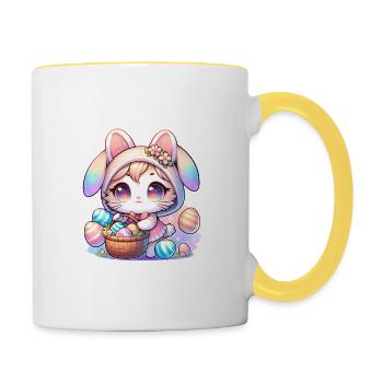 Un chaton avec une tenue de lapin livrant des œufs de Pâques - Mug contrasté - blanc/jaune - Droite