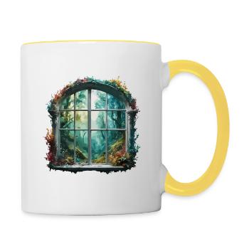 Fenêtre dans la forêt / Arbres / Vue / Sauvage - Mug contrasté - blanc/jaune - Droite