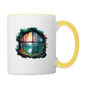 Fenêtre dans la forêt / Arbres / Vue / Sauvage - Mug contrasté - blanc/jaune - Droite