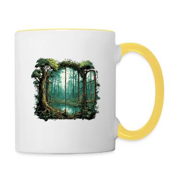 Fenêtre dans la forêt / Arbres / Vue / Sauvage - Mug contrasté - blanc/jaune - Droite