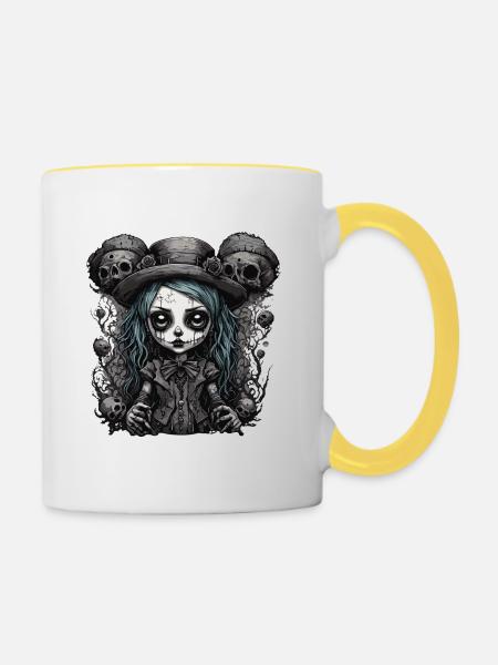 Horror Puppe / Halloween / gruselig / düster - Tasse zweifarbig - Weiß/Gelb