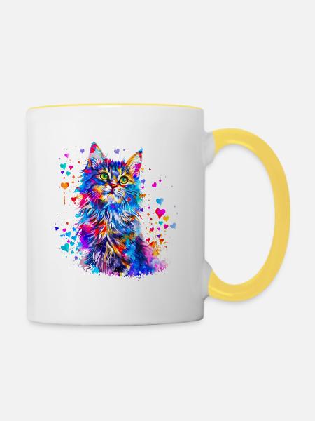 Niedliche Katze mit Herzen - Tasse zweifarbig - Weiß/Gelb
