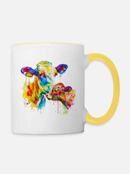Kuh und ihr Kalb, Mutterkuh - Tasse zweifarbig - Weiß/Gelb